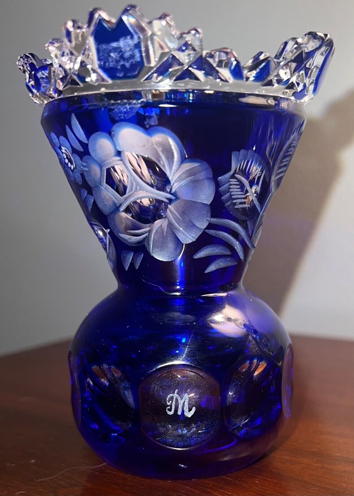 Meissen Bleikristall cobalt crystal bud vase sawtooth cut to clear german 