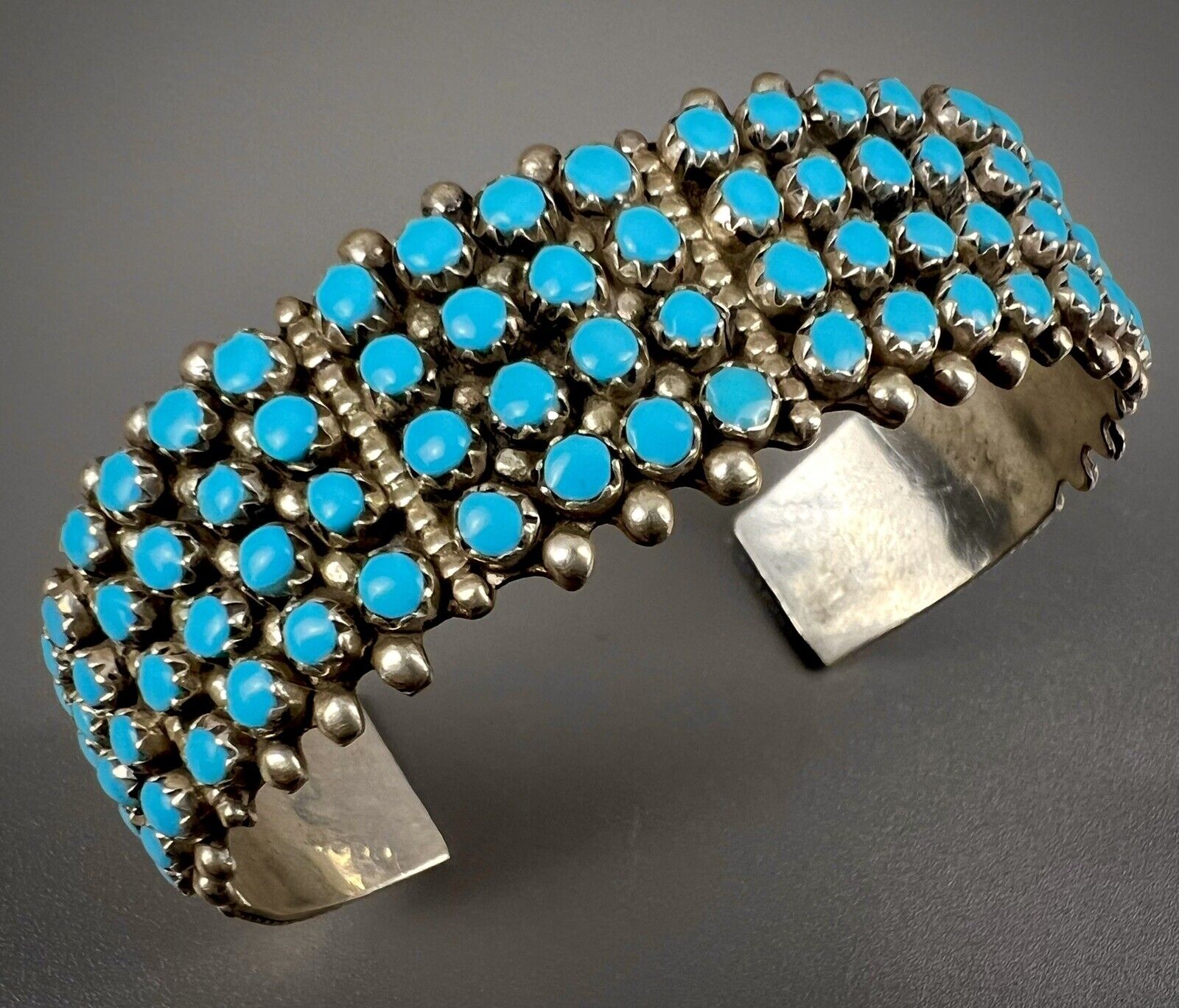 Vintage Zuni Sterling Silver 4 Row Snake Eye Turquoise Cuff Bracelet ~ MINT ~