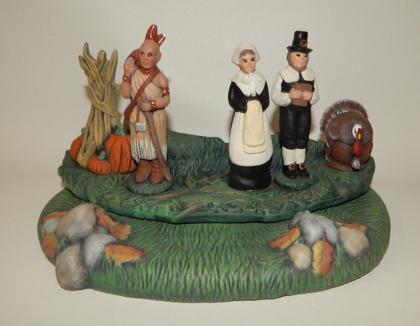 Hand-Painted Ceramic Thanksgiving Display Pilgrims Turkey & Indian on Base