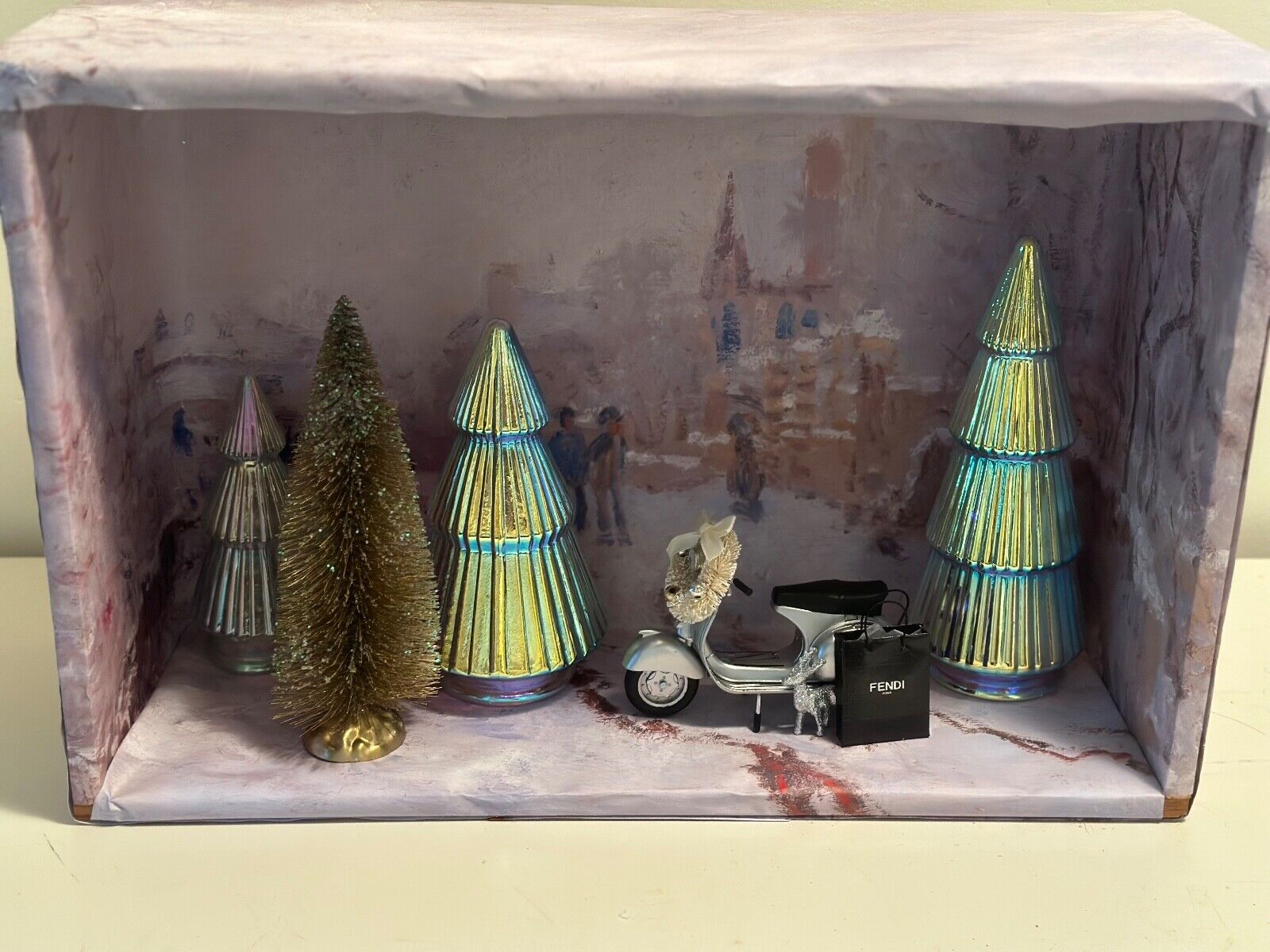 Christmas Holiday Winter Diorama Miniature Dollhouse Vespa in Wintry Scene