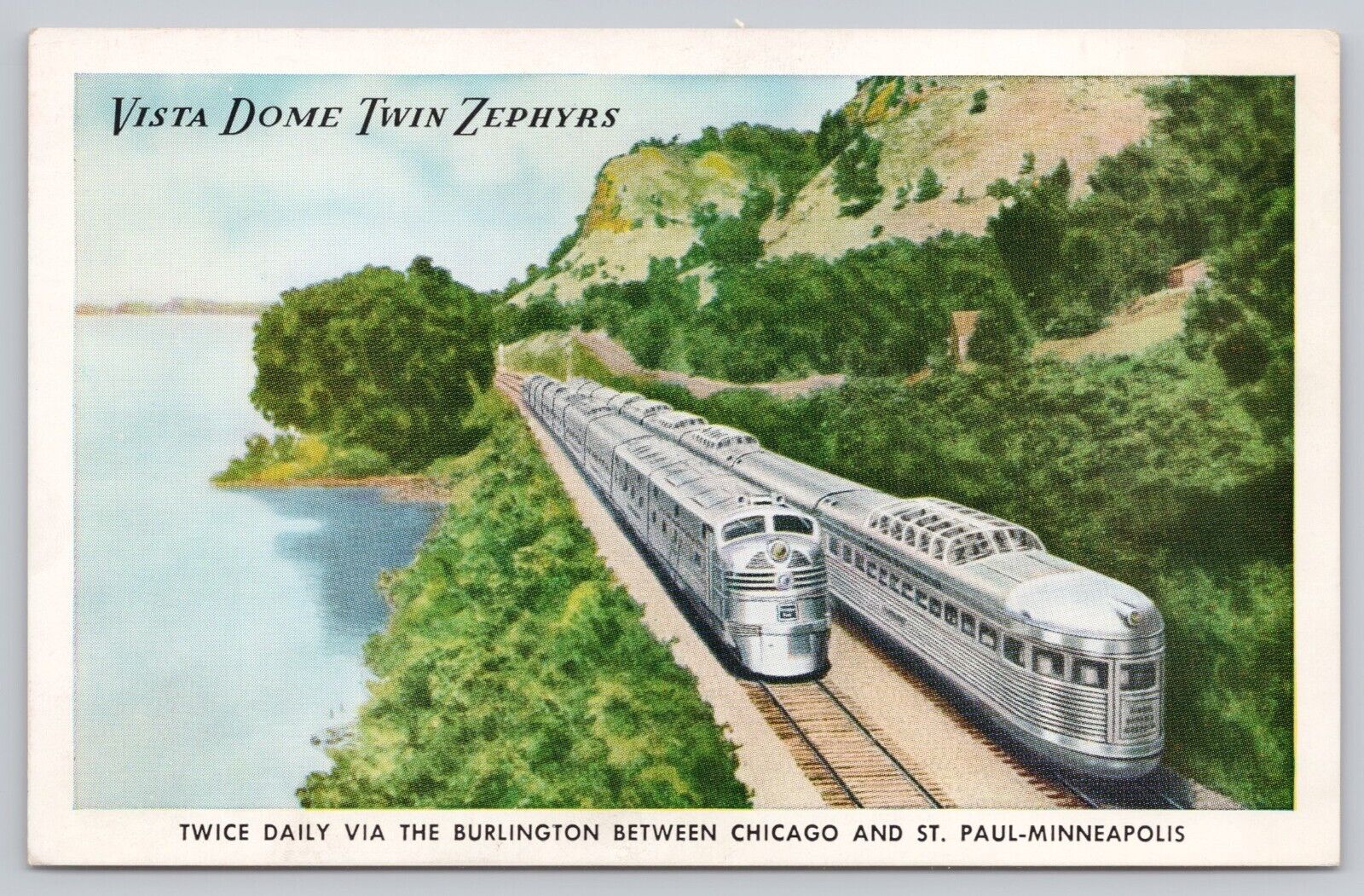 Vista Dome Twin Zephyr Railroad Trains Chicago St Paul Minneapolis, VTG Postcard