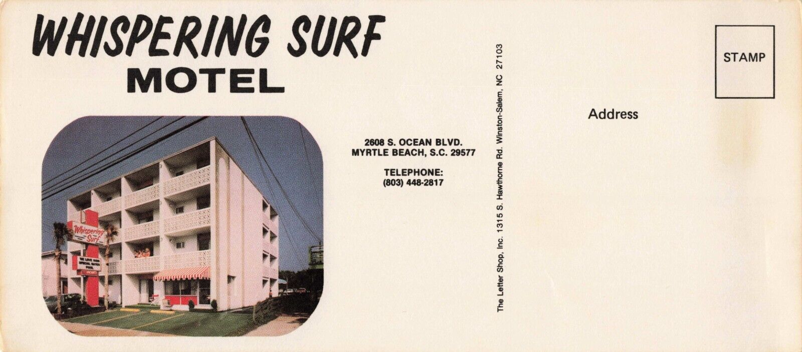 Whispering Surf Motel, Myrtle Beach South Carolina Oversized Vintage PC