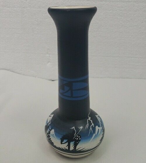 Native American Pottery Vase THE LAST RIDE signed Blk Horse Blue Black White