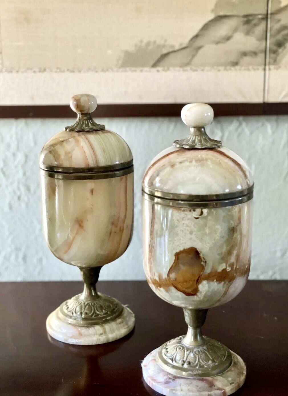 Vintage Onyx Urn Pair Lidded Hinged With Brass Accents Estate Quality