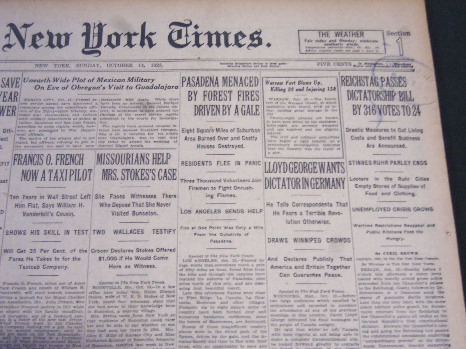 1923 OCTOBER 14 NEW YORK TIMES - REICHSTAG PASSES DICTATORSHIP BILL - NT 5864