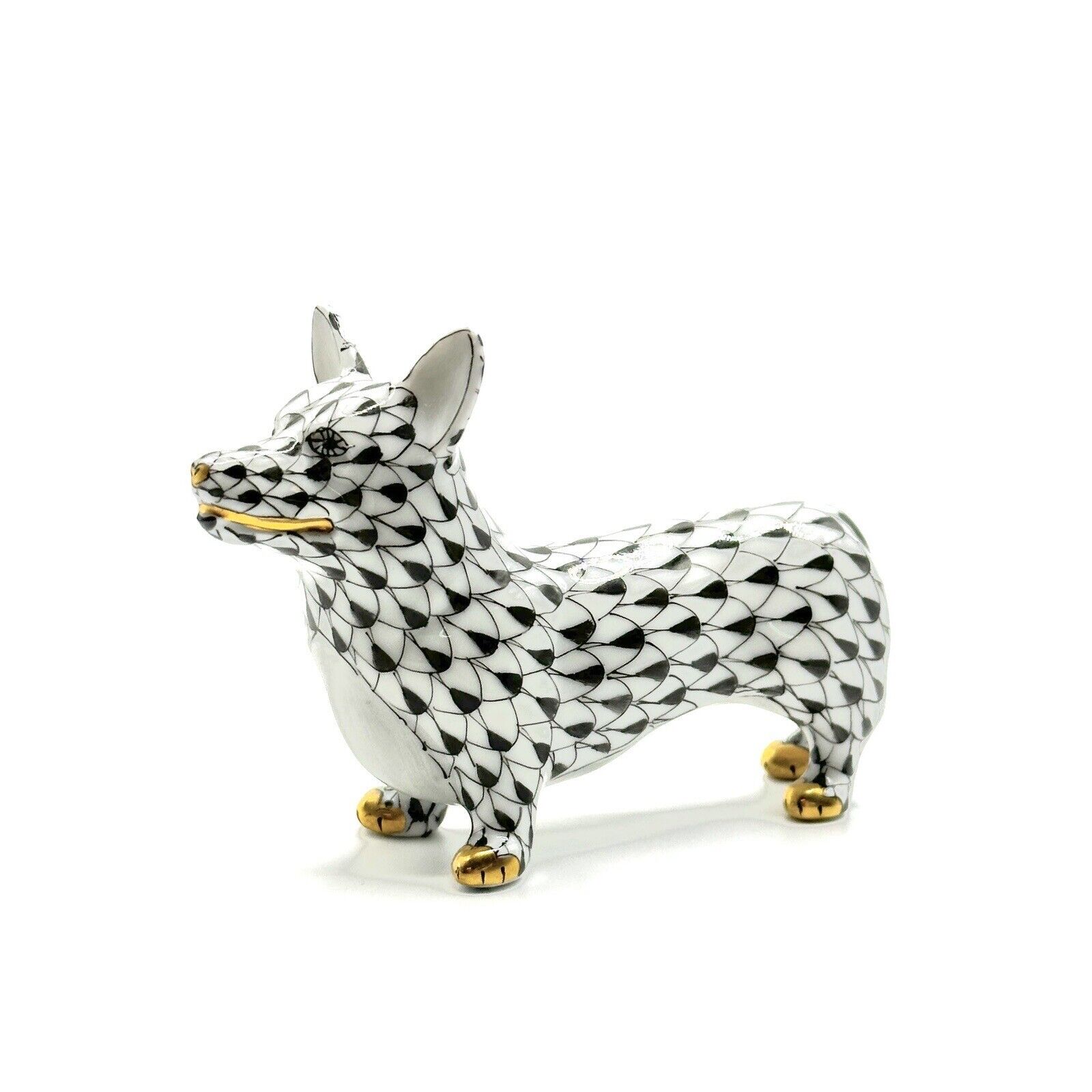 Herend Porcelain Corgi Dog Figurine Handmade and Handpainted 24k gold MINT Black