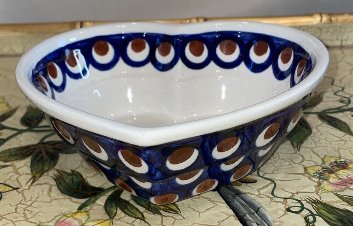 Boleslawiec Polish Pottery Heart Dish Bowl Hand Made Blue Brown Dots 6 Inch