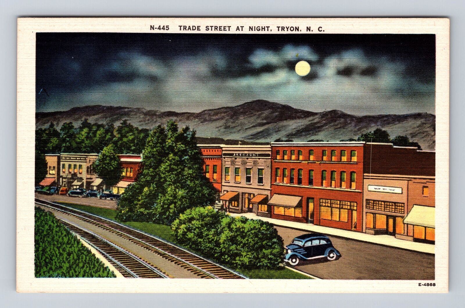 Tryon NC-North Carolina, Trade Street At Night, Mountains, Vintage Postcard