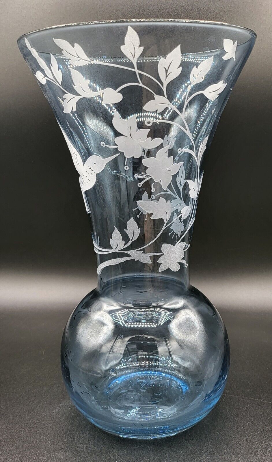 Vnt Lenox Serene Blue Etched Crystal Vase Floral And Hummingbird Etched...