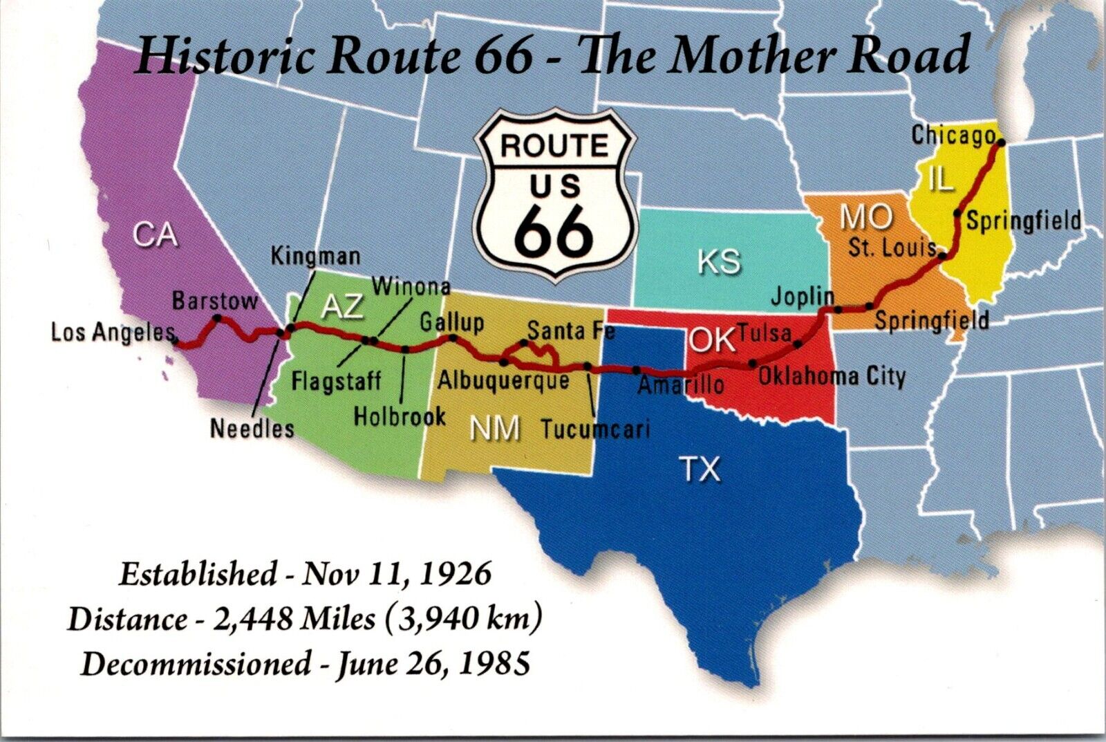 Historic Route 66 mother road US map postcard