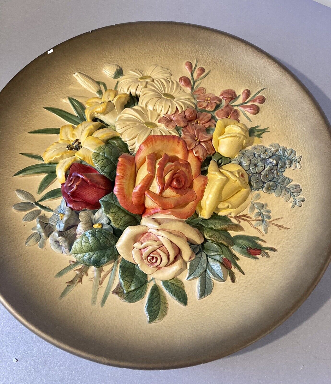 1950's Summer Flowers BOSSONS England Handpainted Chalkware Wall Plate 13”