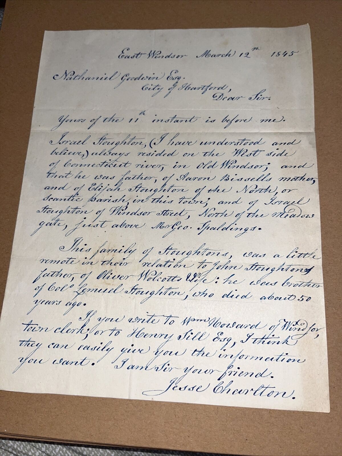 1845 Letter to Hartford Lawyer: Famous CT Genealogy Israel Stoughton Pequot War