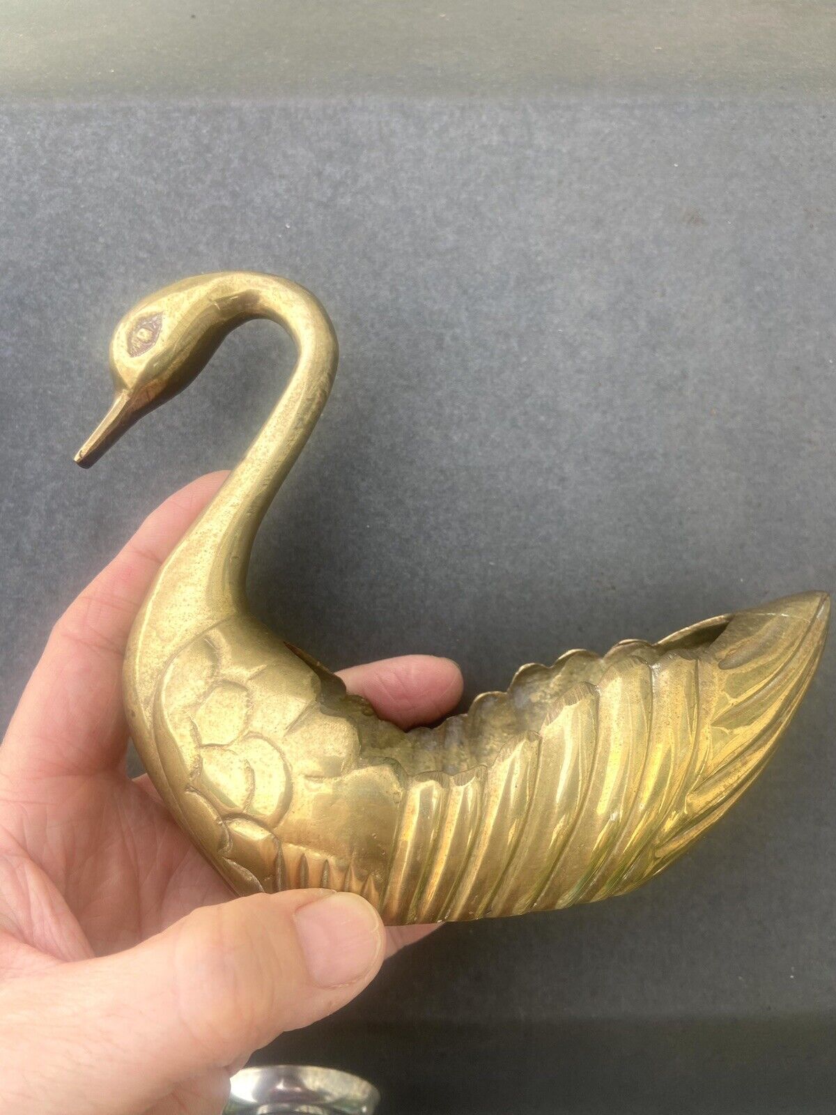 Vtg Solid Brass Figural Elegant Swan Planter 5” L Bird