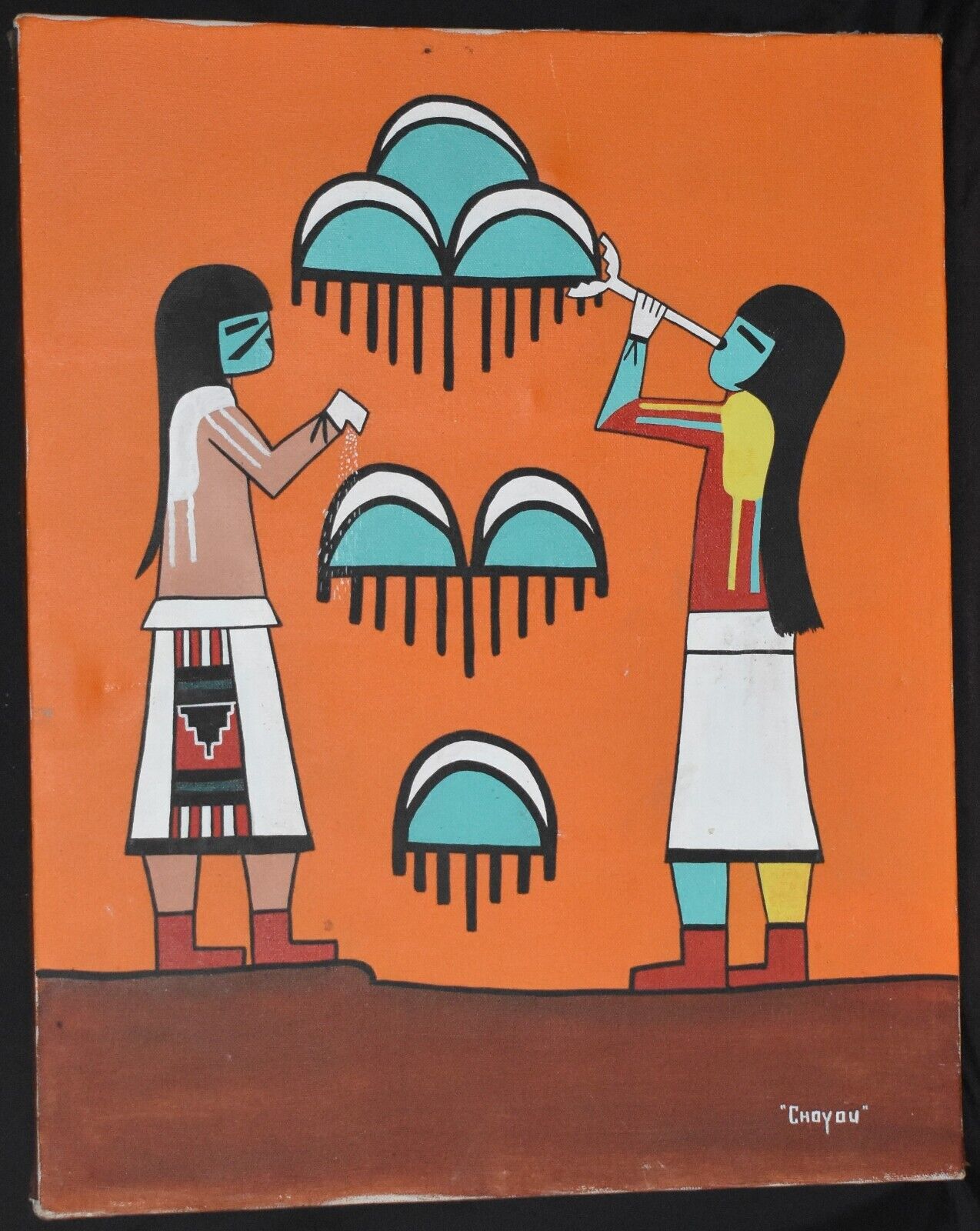 Native American Hopi Original Oil Painting Praying For Rain Signed Choyou 16X20