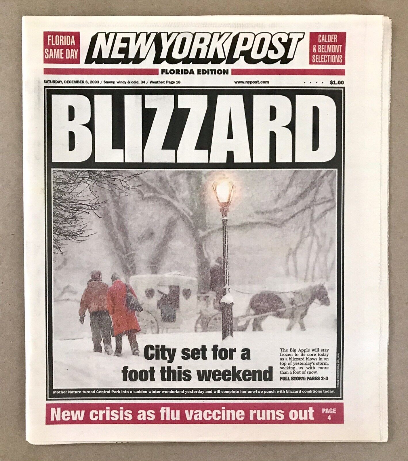 SCARCE: New York Post, Florida Edition (December 6, 2003) New York Blizzard, VG+