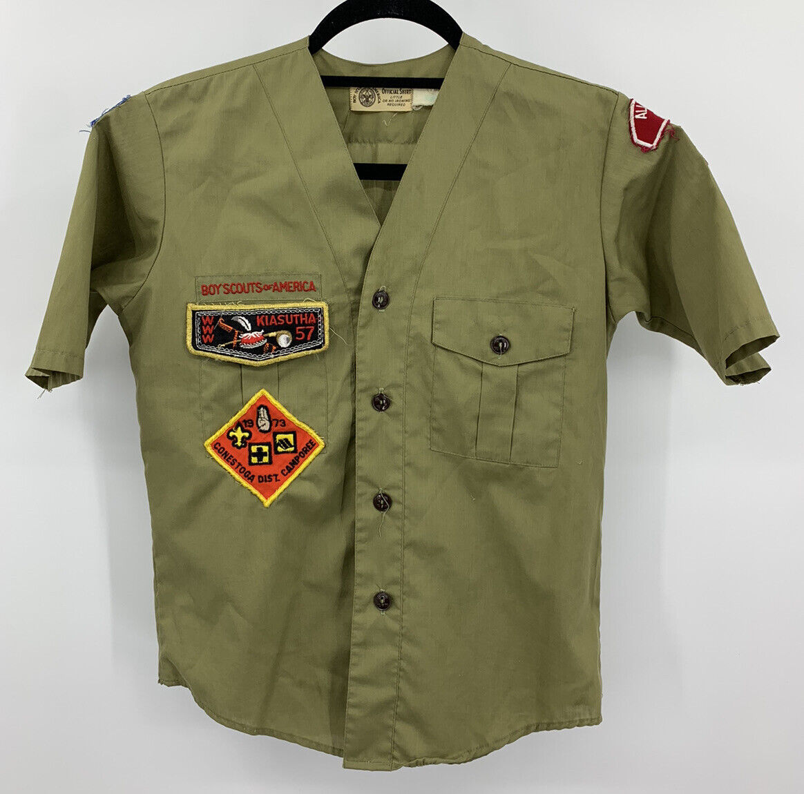 Vintage 1970s BSA Boy Scout Green Collarless Shirt Youth OA Camporee Patches