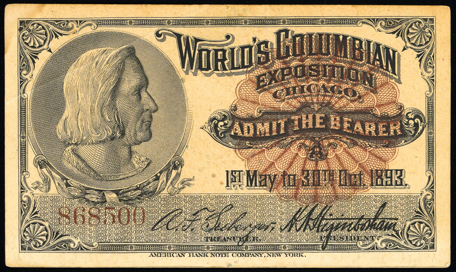 US Worlds Fair 1893 Ticket To Expo Columbian Expo