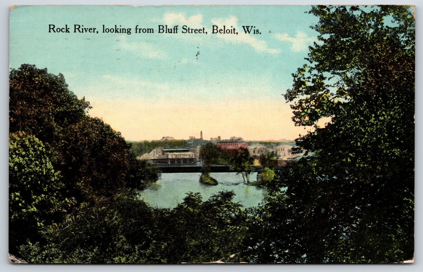 Postcard Rock River, Looking From Bluff Street, Beloit, Wisconsin Posted 1915