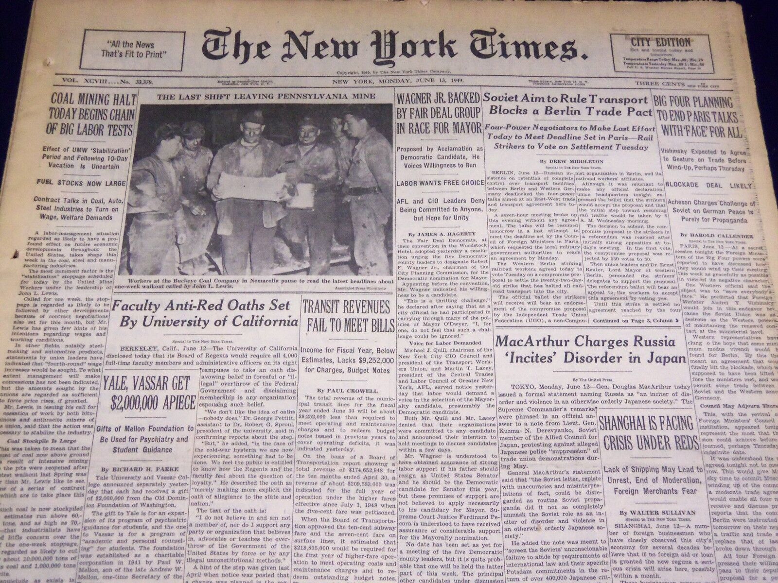 1949 JUNE 13 NEW YORK TIMES - COAL MINING HALT TODAY - NT 3218