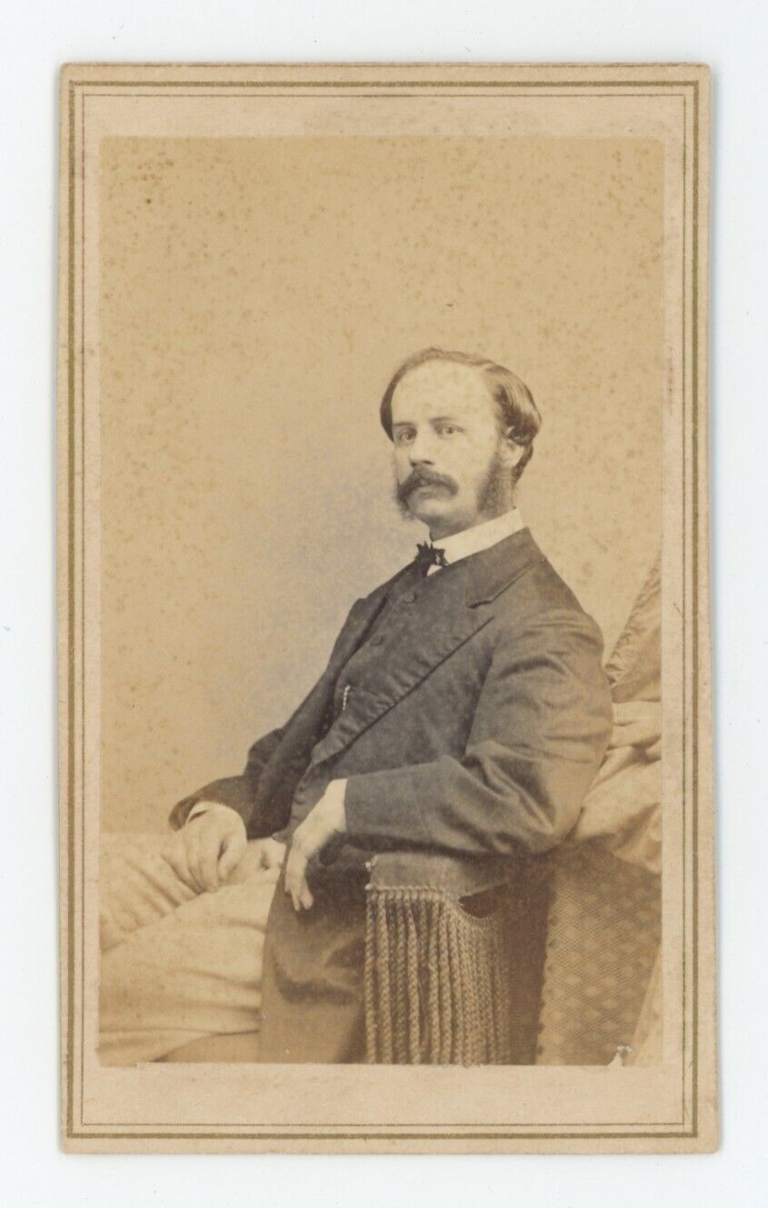 Antique CDV Circa 1860s Handsome Man With Mustache Sitting in Chair Broadway, NY