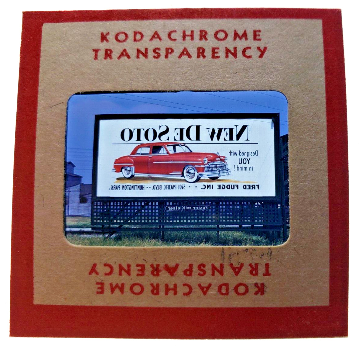 Kodachrome Red Border Slide | 1949 DeSoto Chrysler Advertisement Billboard Sign