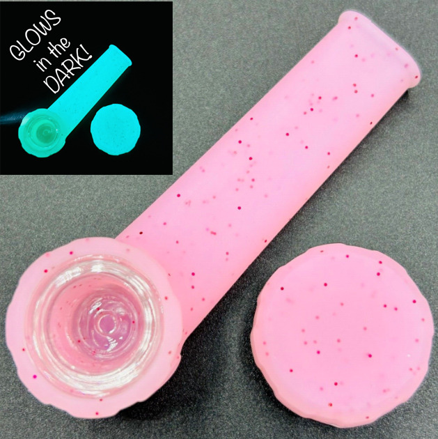 Silicone Smoking Pipe with Glass Bowl & Cap Lid | Pink Sparkle GLOWS