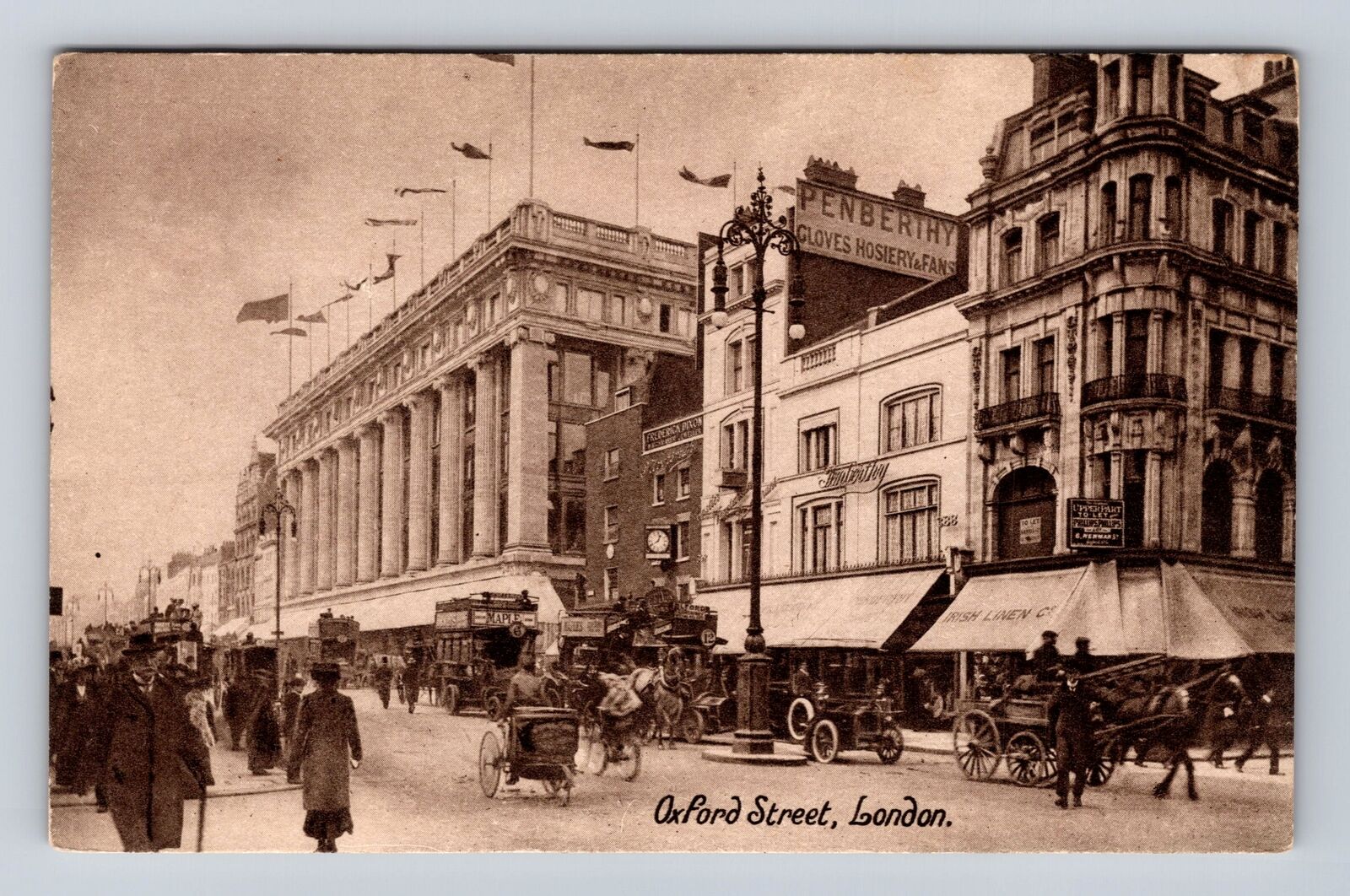 London England, Oxford Street Scene, Shoppers, Horse & Wagon, Vintage Postcard