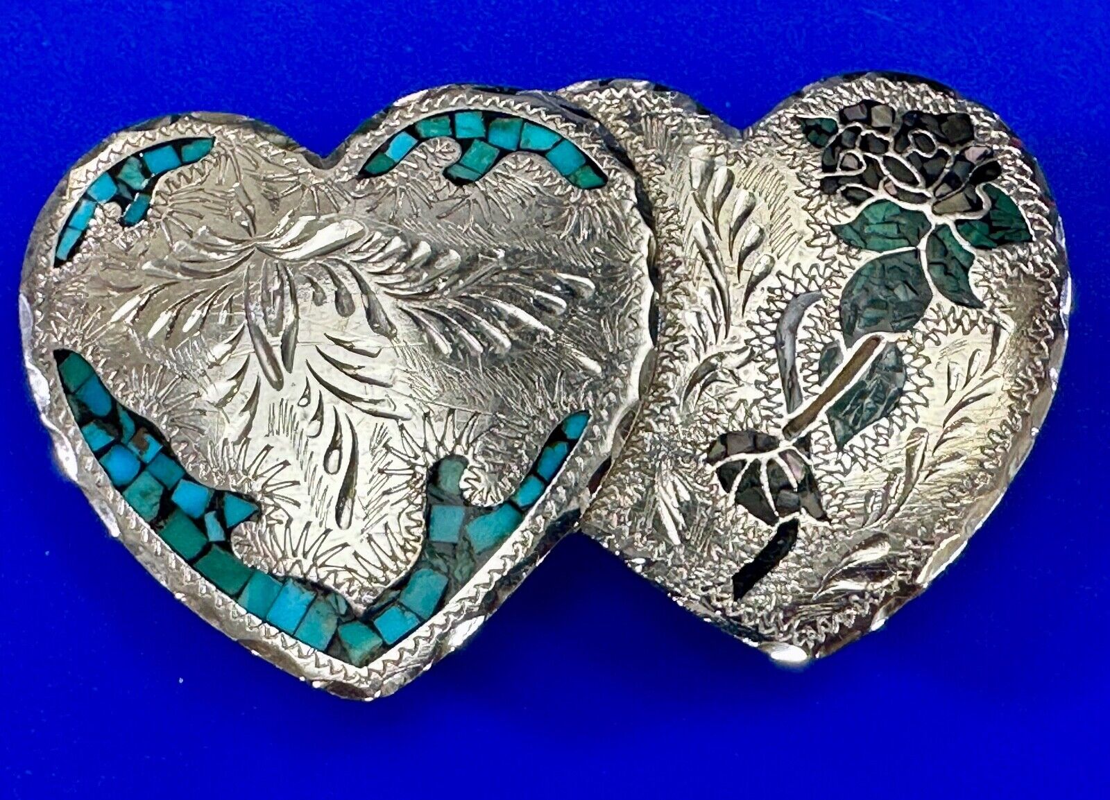 Dual HEARTS Flowers Western ART ornate Turquoise Coral Shell inlaid belt buckle