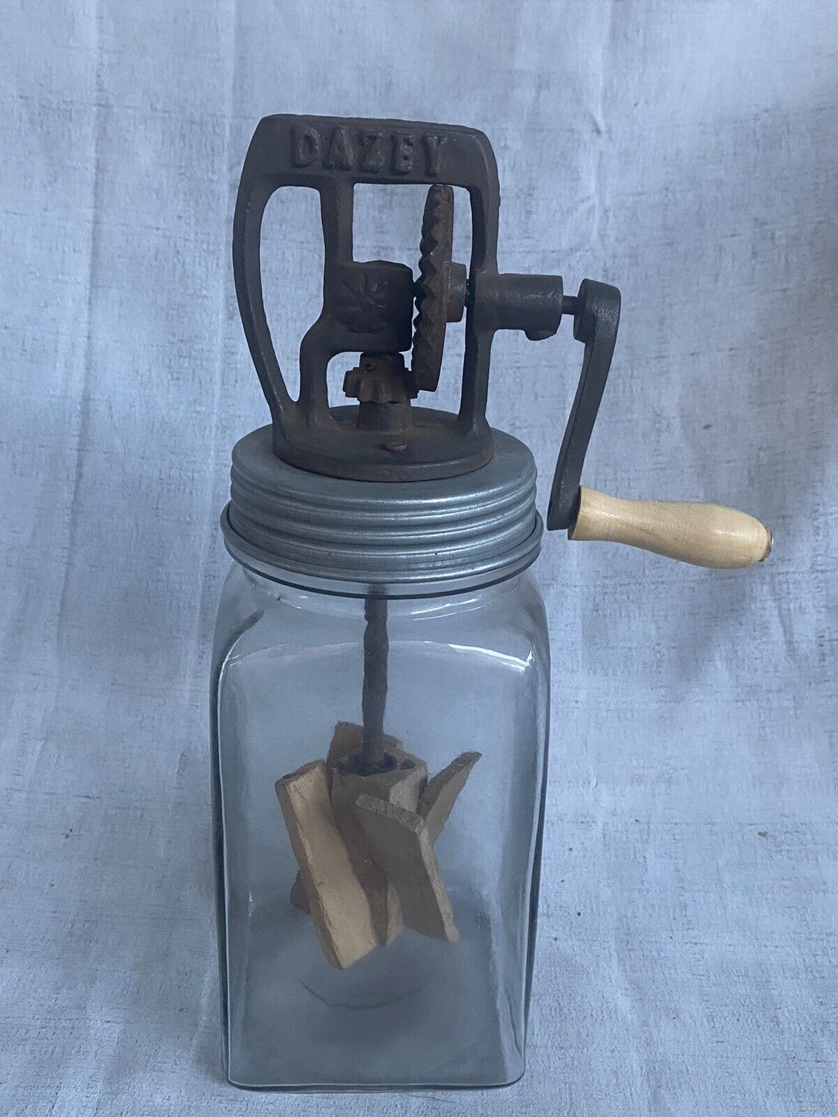 Antique  Butter Churn-Primitive Hand Crank Metal with Wood Paddles 10.5’’ Tall