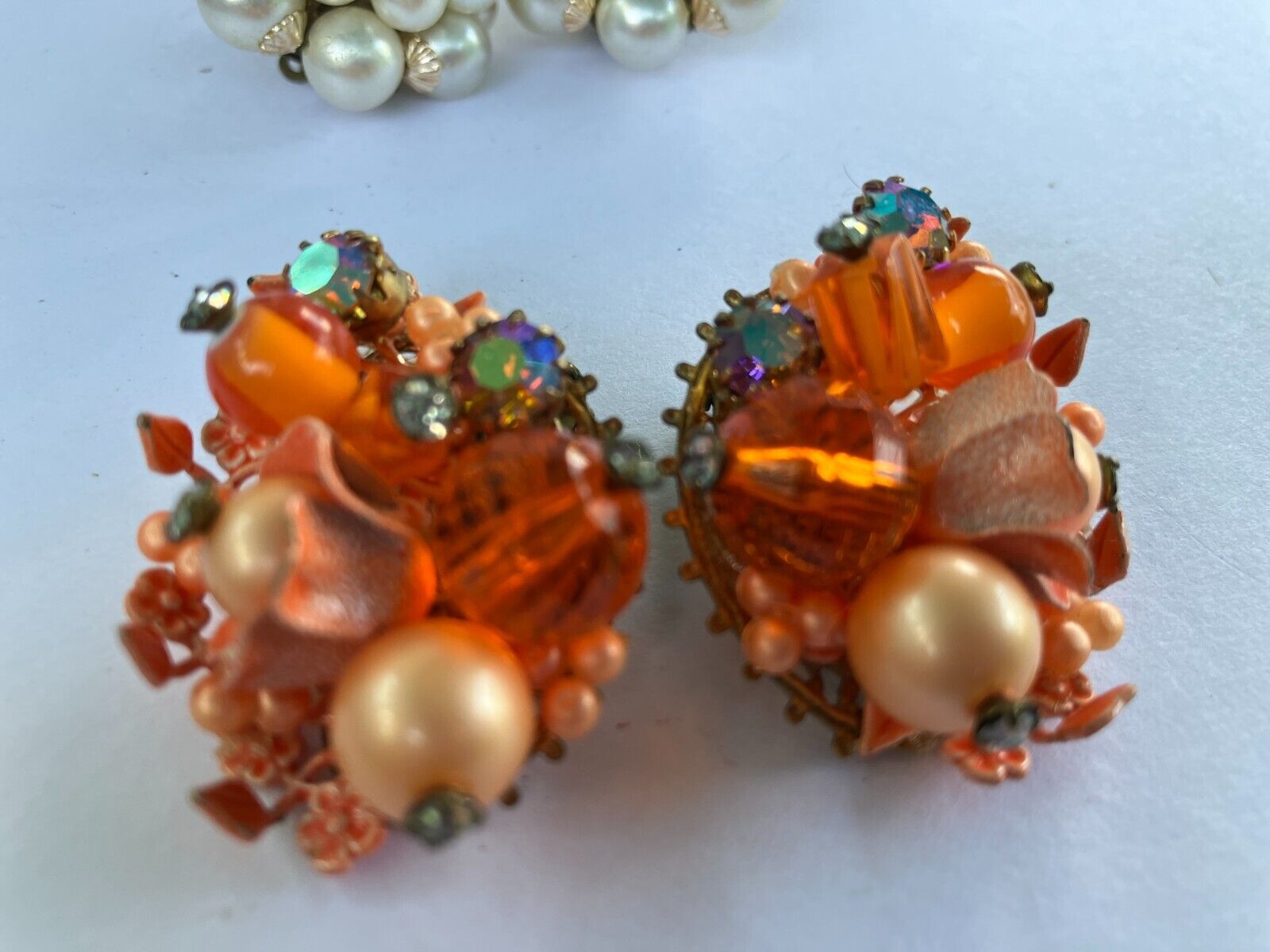 vintage estate orange bead cluster clip on earrings