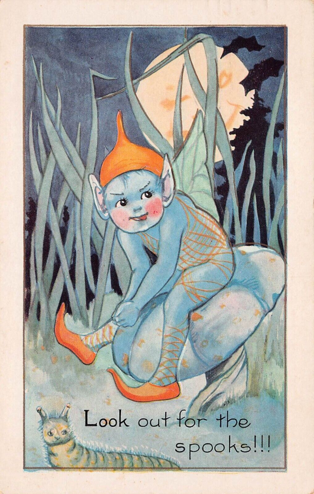 Antique Halloween Card Elf Fairy Goblin Mushroom caterpillar Vtg Postcard D44