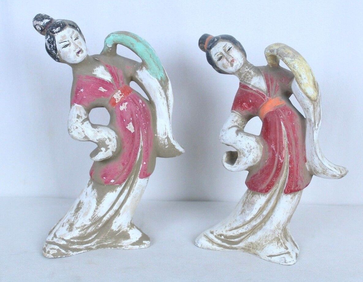 2 Asian Dancing Geisha Girls Maidens Chinese Japanese Clay Painted Distressed 