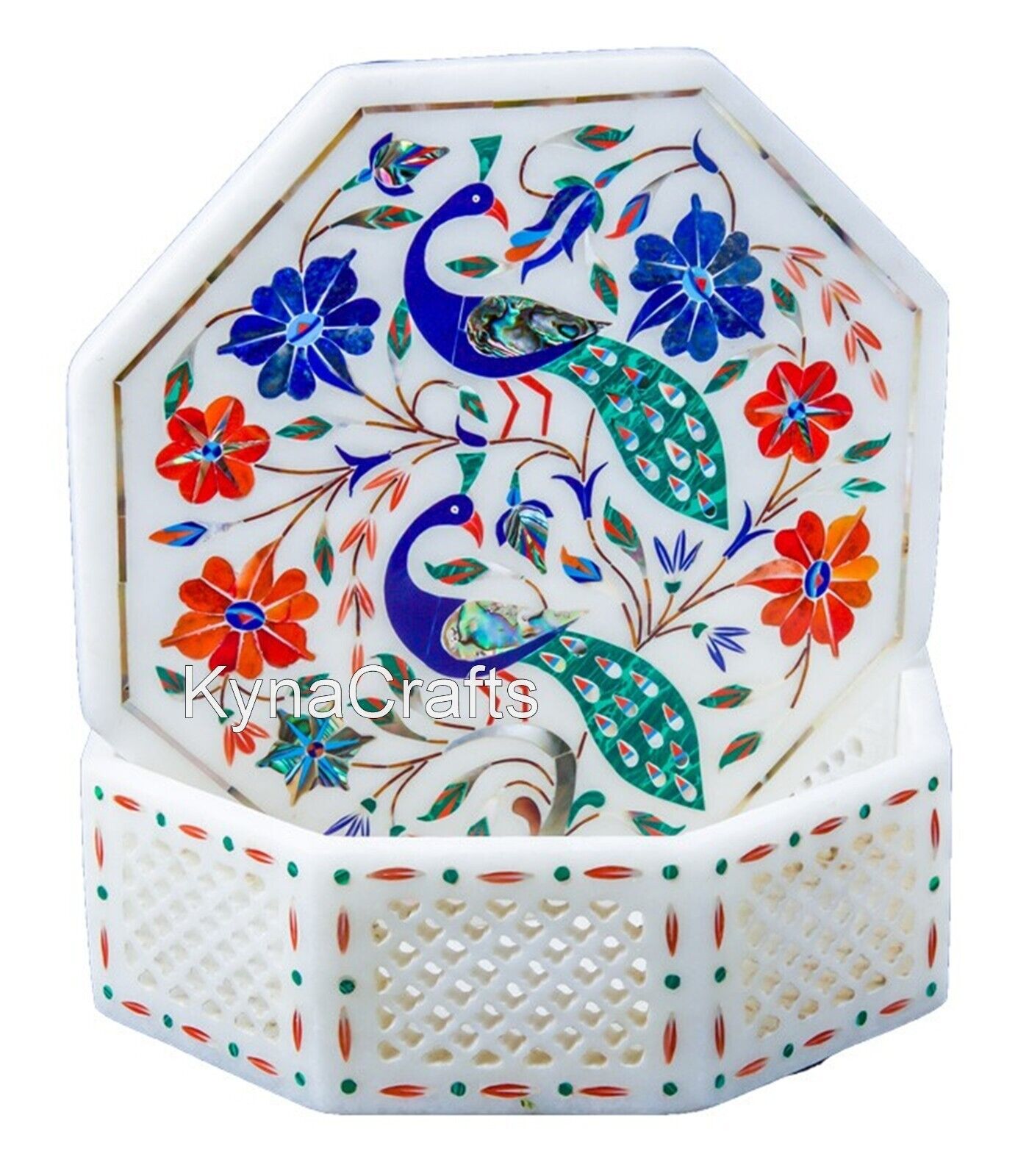 Marble Jewelry Box Pair of Peacock Pattern Inlay Work Giftable Box for Diwali