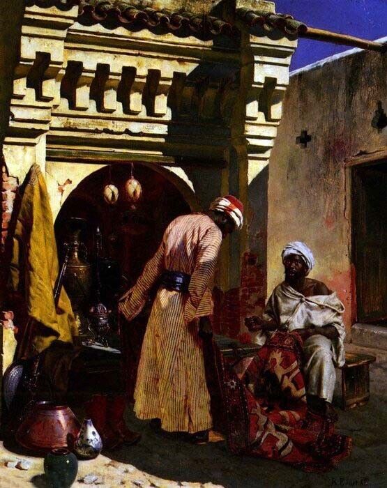 Oil painting RudolphErnst the rug merchant arab people portrait man in house art