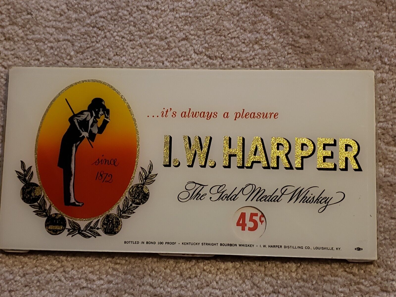 1950/60s   I. W. Harper Whiskey Reverse Painted Glass Sign with adjustable price