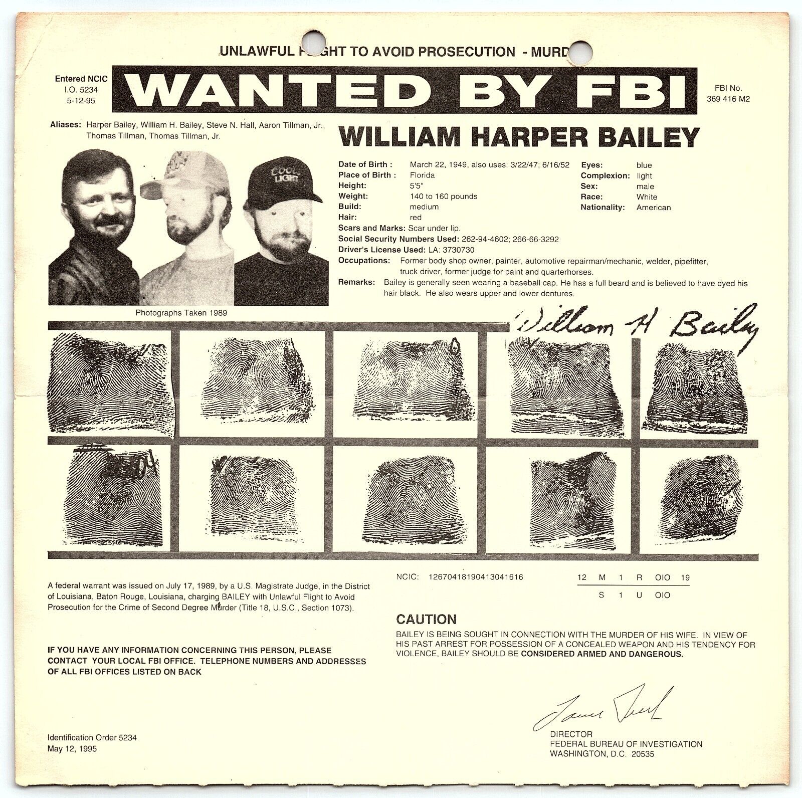 1995 FBI WANTED POSTER WILLIAM HARPER BAILEY MURDER WIFE ARMED DANGEROUS  Z4962