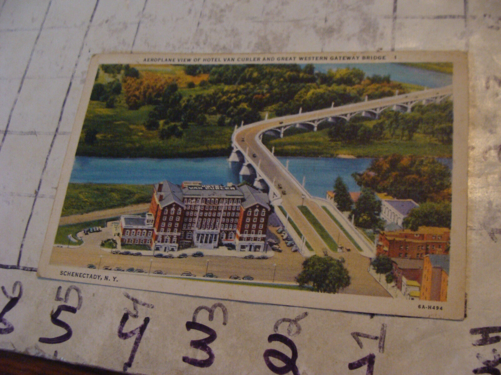 Orig Vint post card AEROPLANE VIEW HOTEL VAN CURLER & GREAT WESTERN BRIDGE 1936