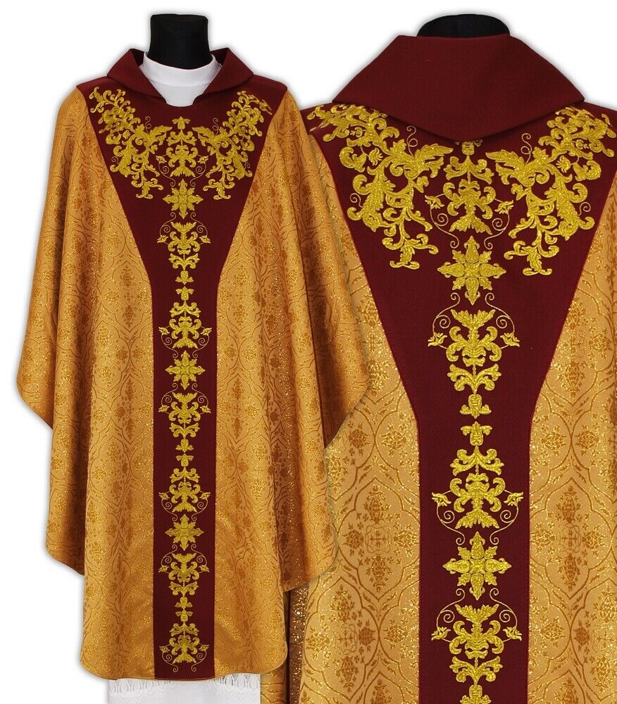Gold/red Semi Gothic Chasuble with stole Vestment Casulla Dorada Y652GC16