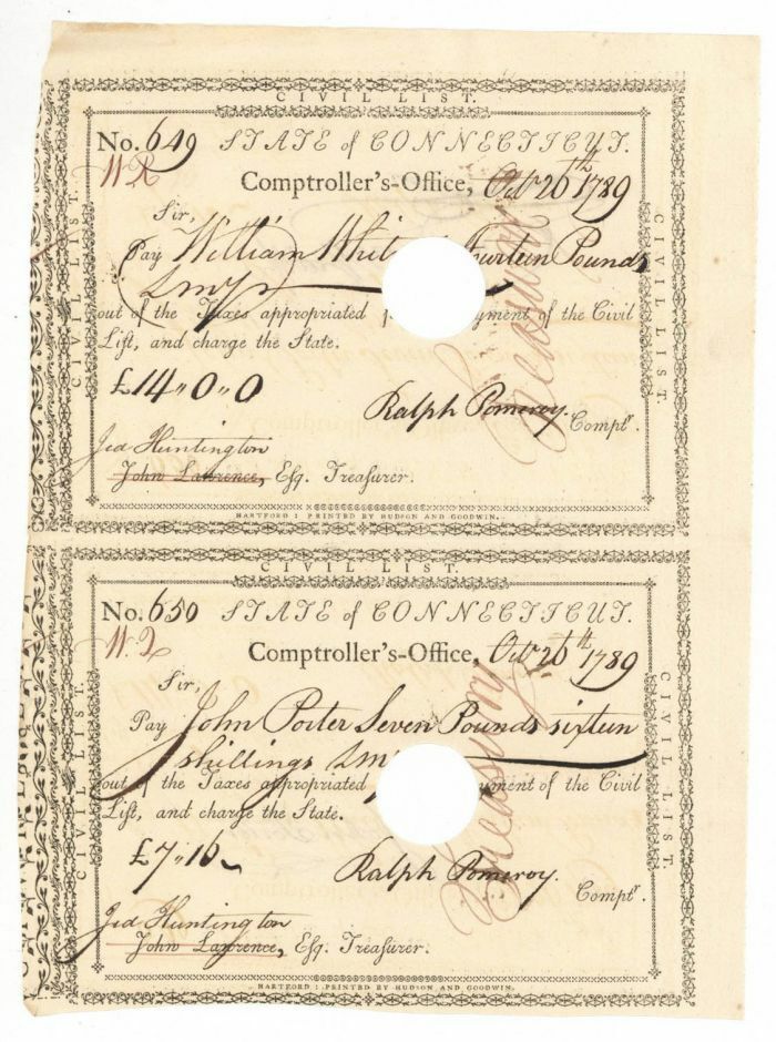 Pair of Pay Orders Signed by Jed Huntington and Ralph Pomeroy - Connecticut Revo