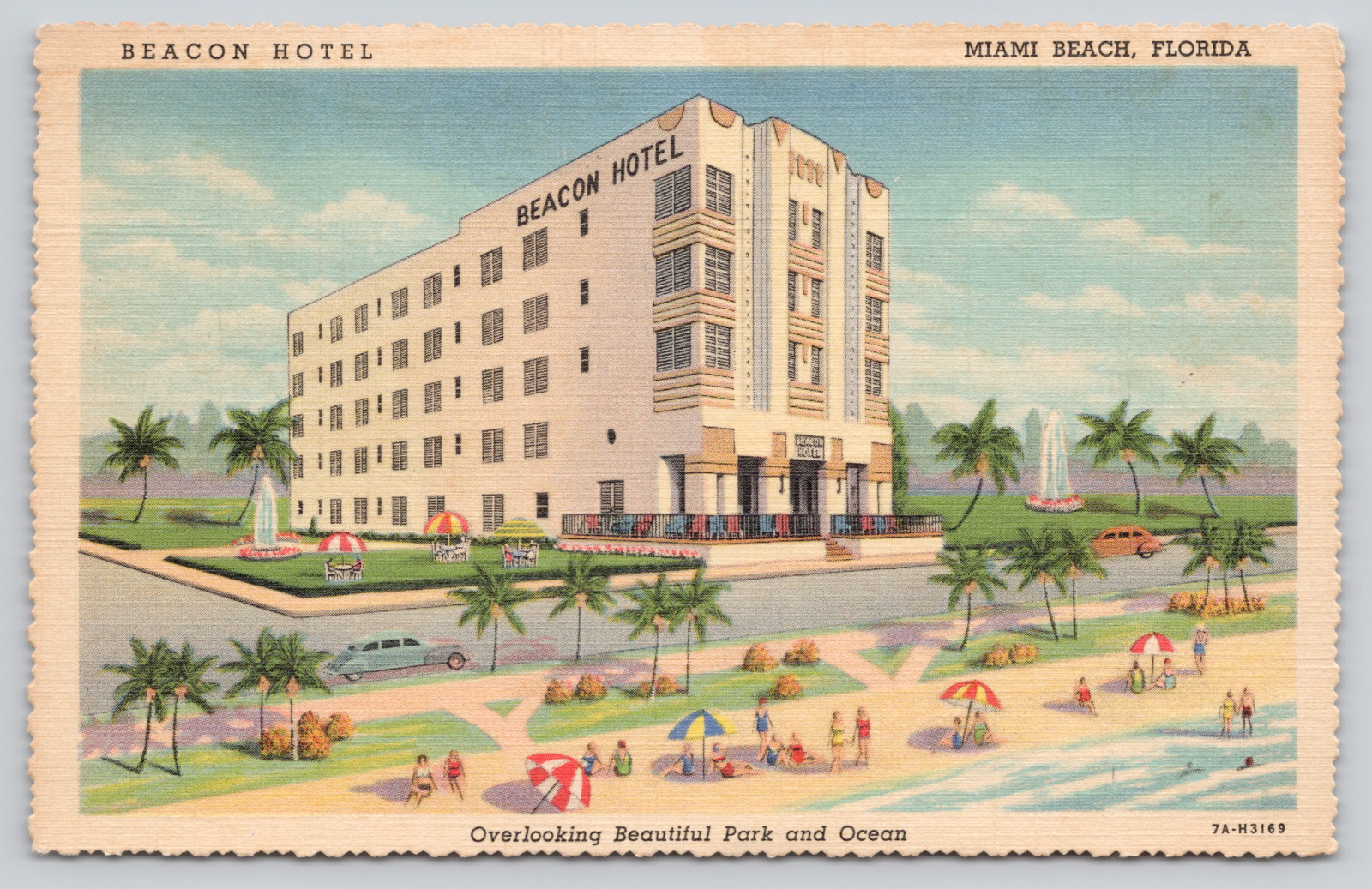 Postcard Beacon Hotel, Miami Beach, Florida Fl 1938 Art Deco Linen A240