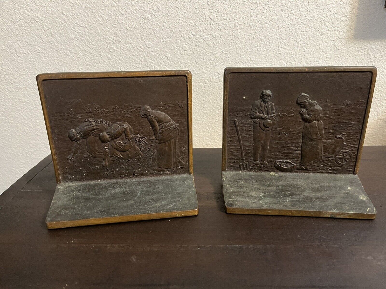 1920s Antique Office Judd Co Real Bronze Bookends Thanks for a Good Harvest 9977