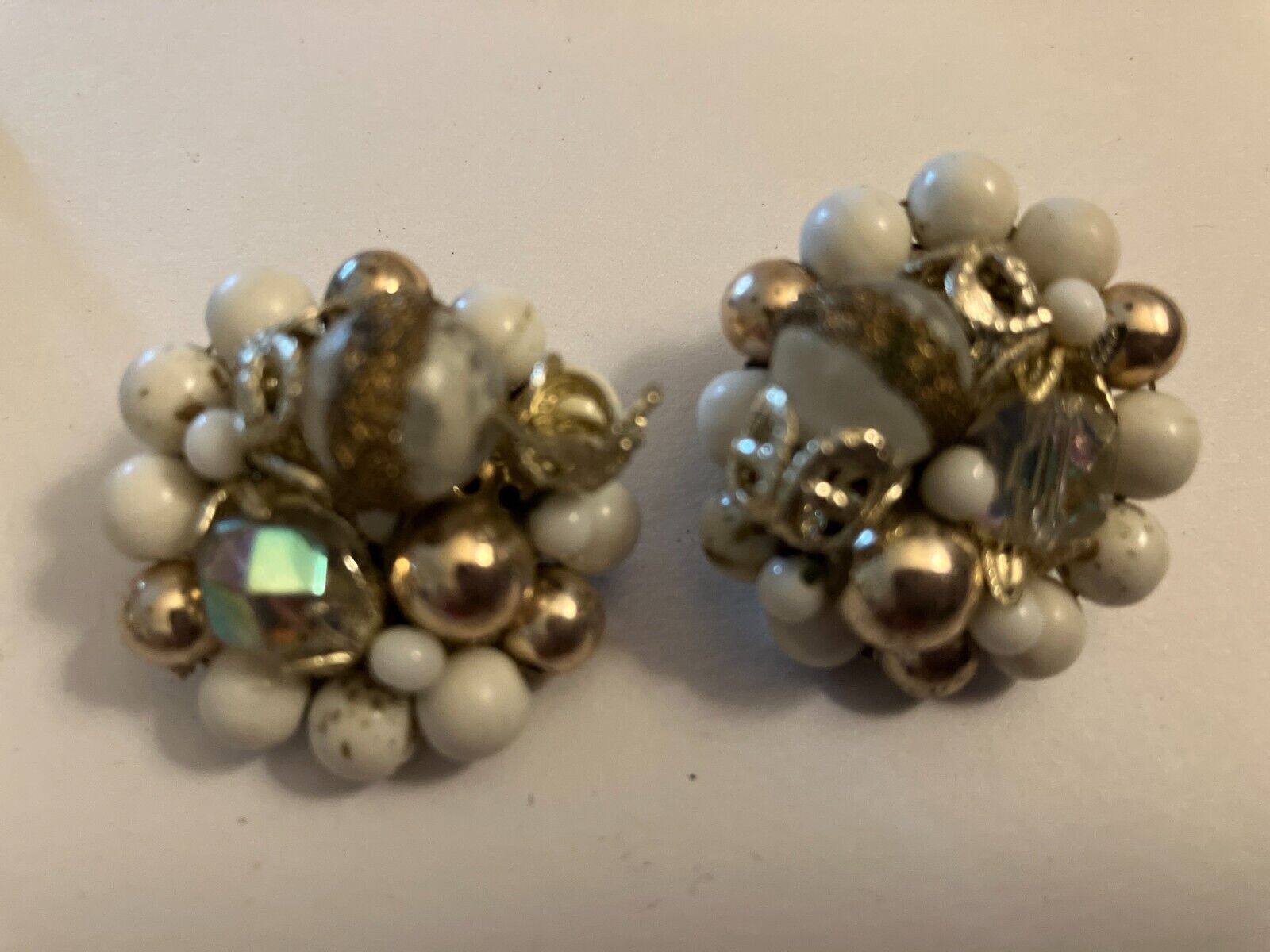 vintage estate  faux pearl gold tone and aurora bead  cluster clip on earrings