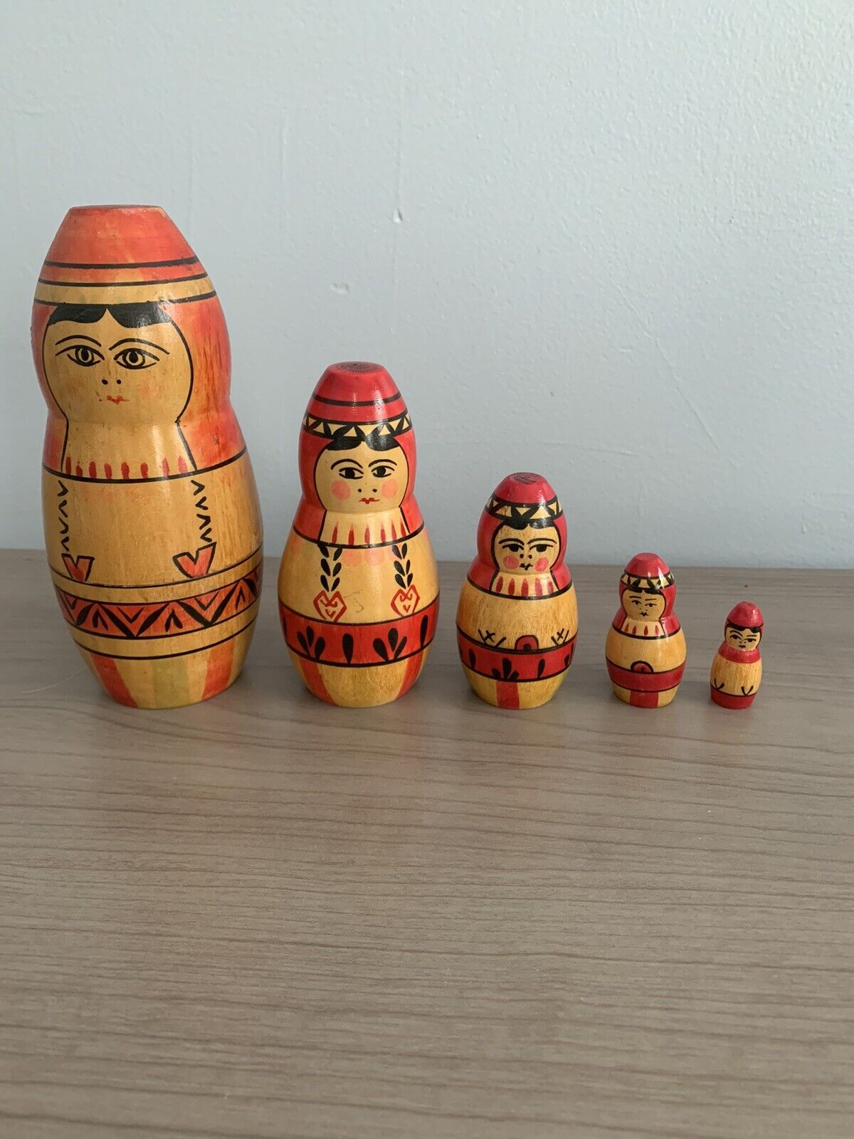 vintage Russian wooden stacking dolls Set of 5 hand painted flat top babushka