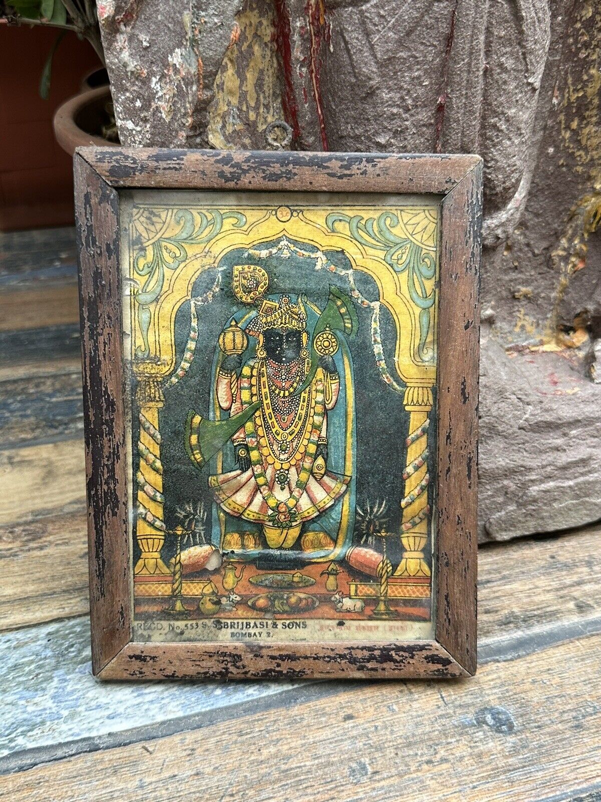 Vintage Old Rare Lithograph Print Of Hindu God Shrinathji Religious Frame