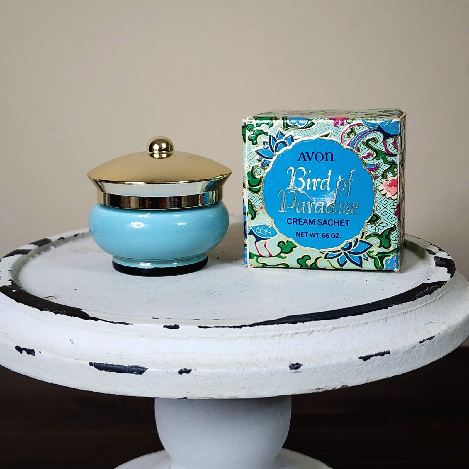 Vintage Avon Bird of Paradise Perfume Cream Sachet 950's  Aqua Blue Glass Jar 