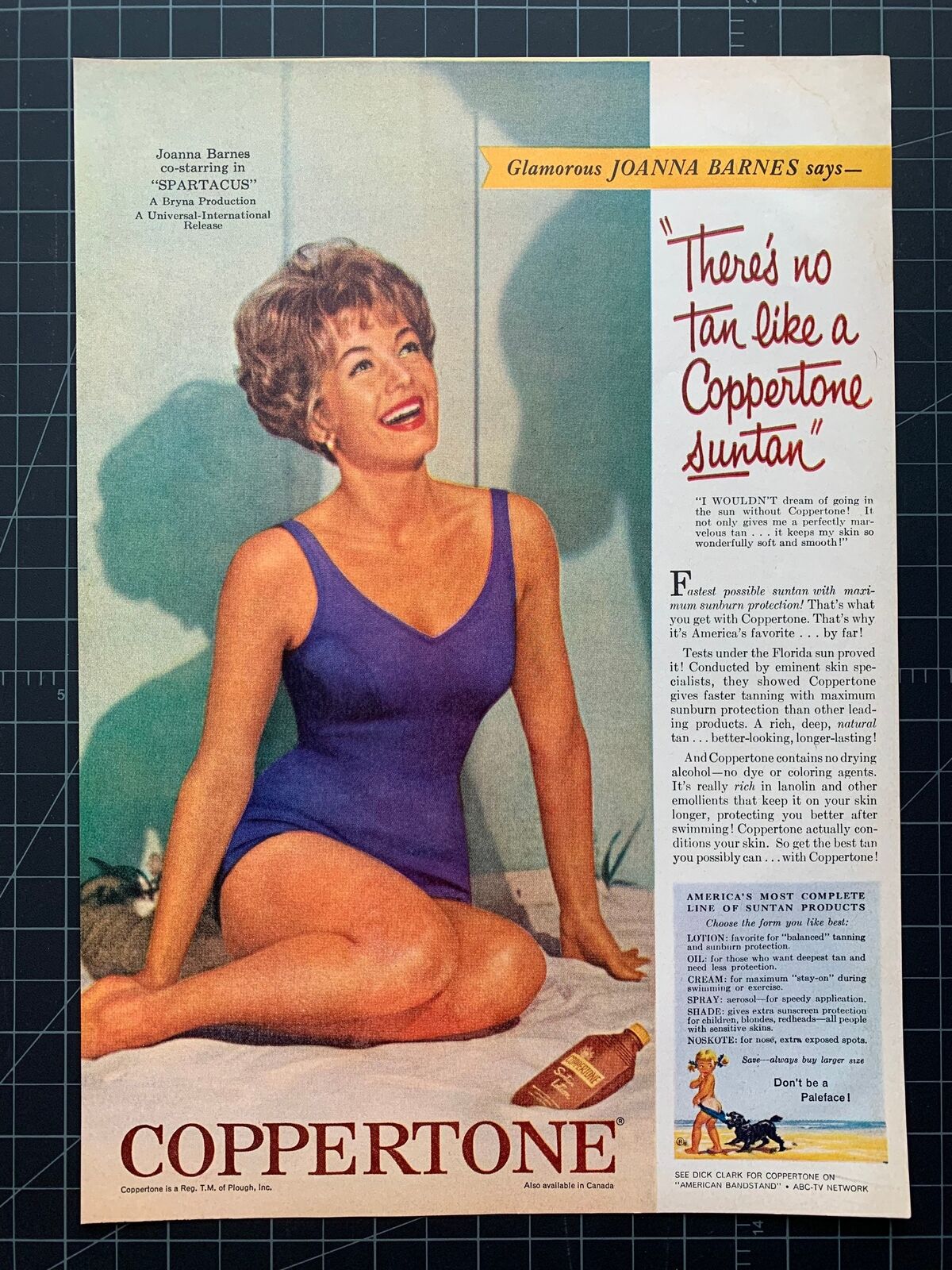 Vintage 1961 Coppertone Suntan Lotion, Joanna Barnes Print Ad
