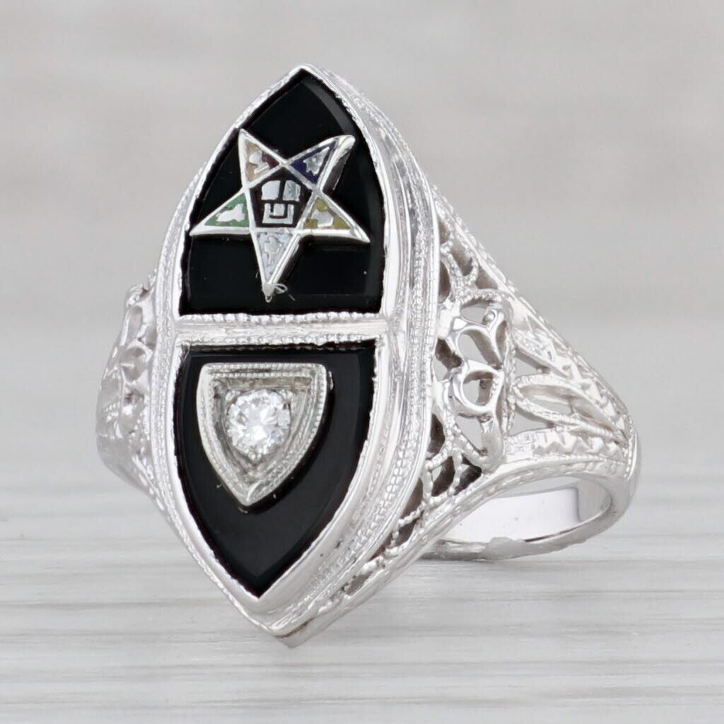 Vintage Order Eastern Star Ring 14k White Gold Onyx Diamond Size 4 Masonic OES