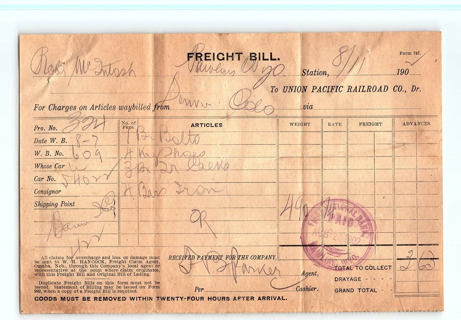 1902 RAWLINS WYOMING UNION PACIFIC RAILROAD CO FREIGHT BILL Z863