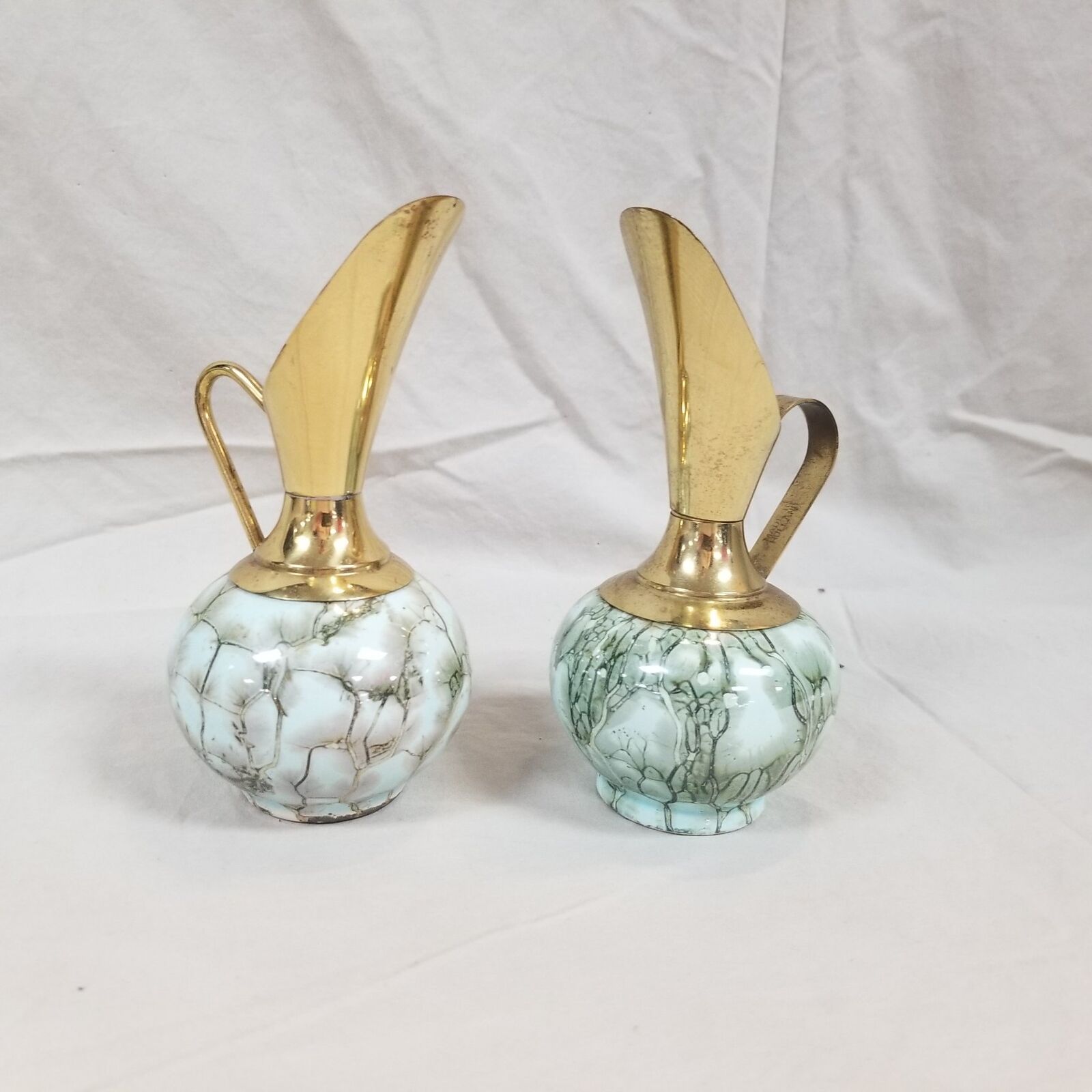 2 VTG DELFT HOLLAND 6” Brass/Marbled Ceramic Pitcher Vase Hand Painted