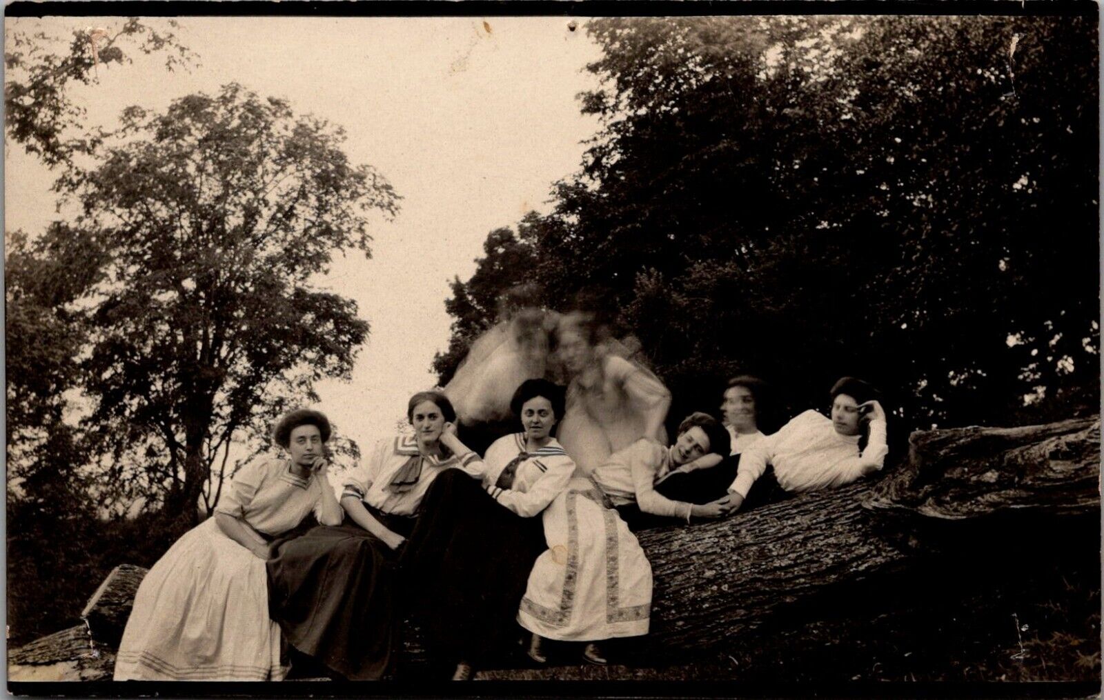 Postcard Eight Young Ladies Posing on Tree, Two Blurred RPPC Real Photo Cl